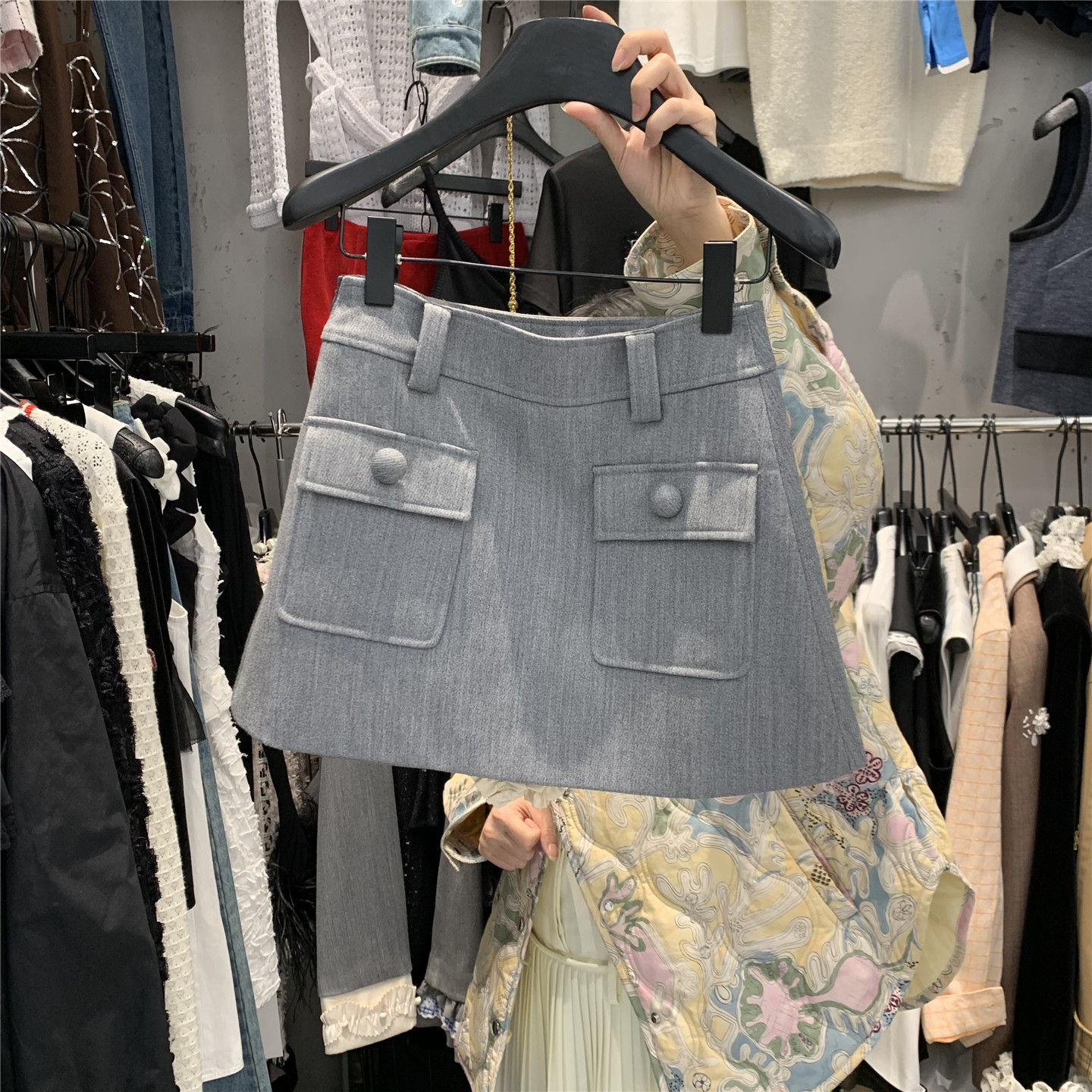 双口袋高腰显瘦打底半身裙