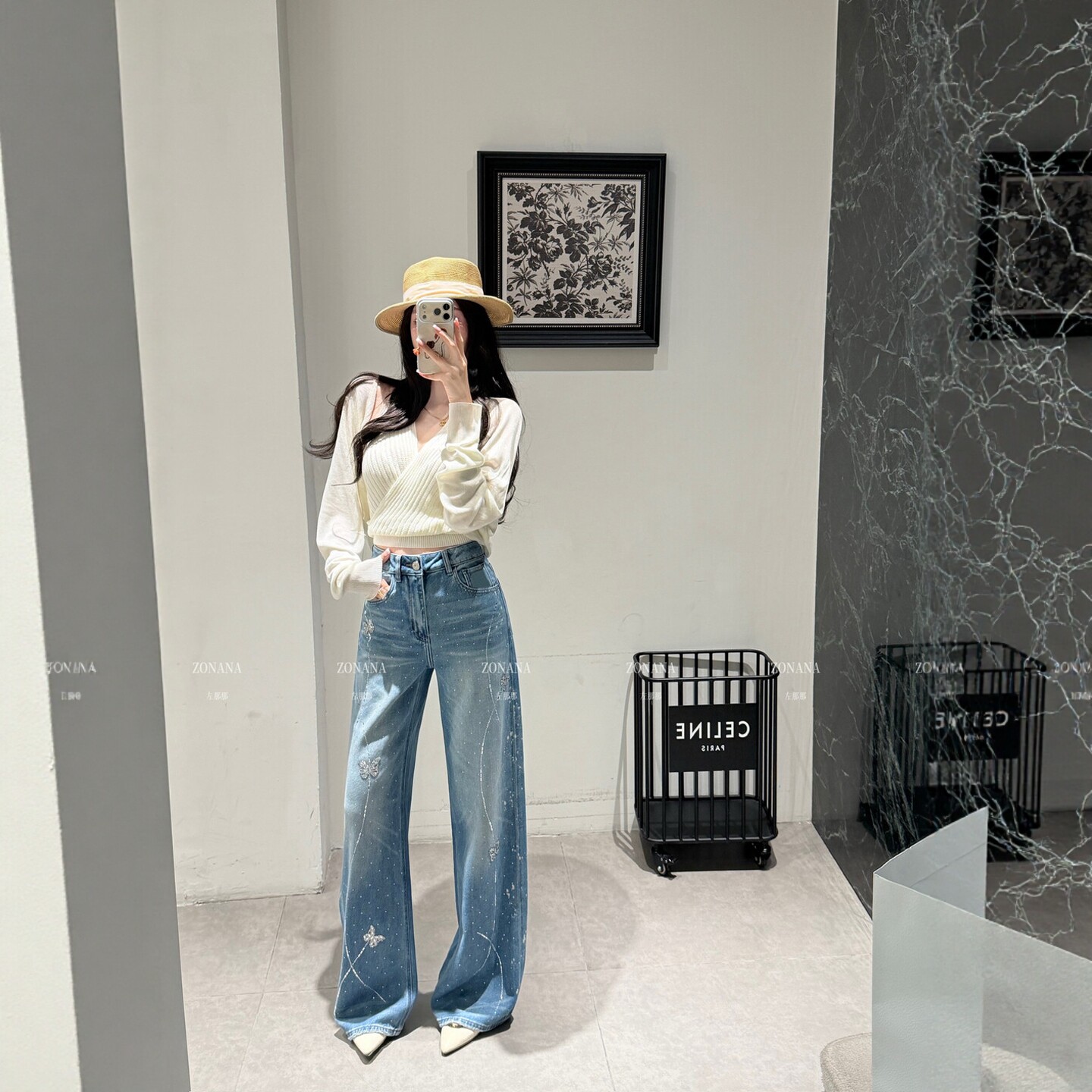 2026春季新款拖地裤女韩版高级感重工蝴蝶烫钻百搭复古阔腿牛仔裤