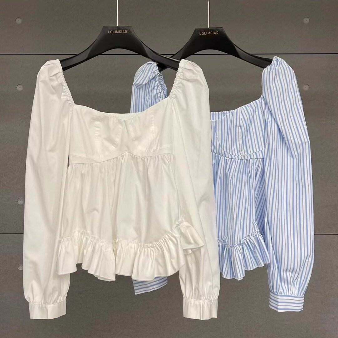 方领长袖荷叶边条纹衬衫上衣