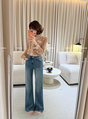 ZONANA左那那2026春夏新款直筒裤女设计感高腰装饰百搭复古牛仔裤