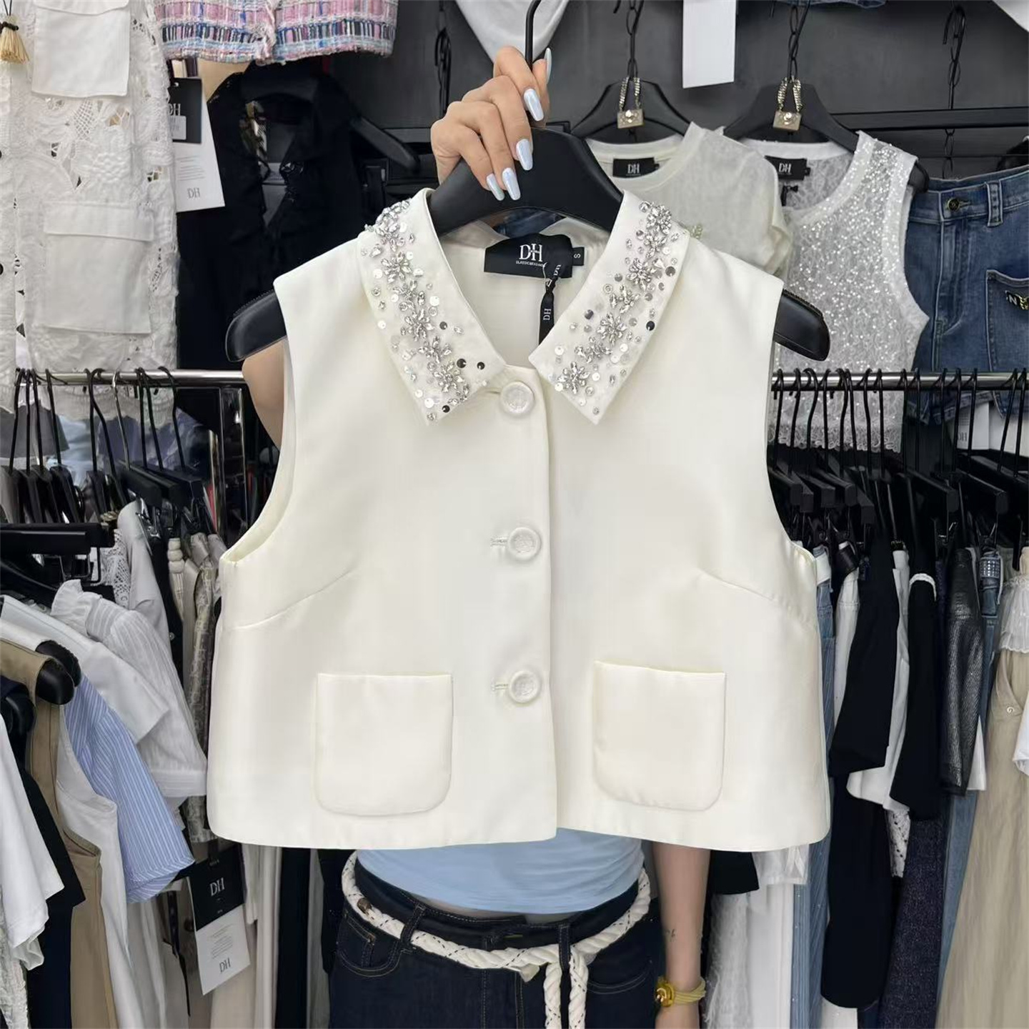翻領鑲鉆百搭名媛馬夾背心女