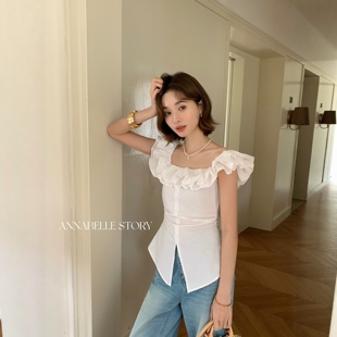 2026春夏新款韩版法式小众一字领荷叶边收腰显瘦百搭甜美衬衫上衣