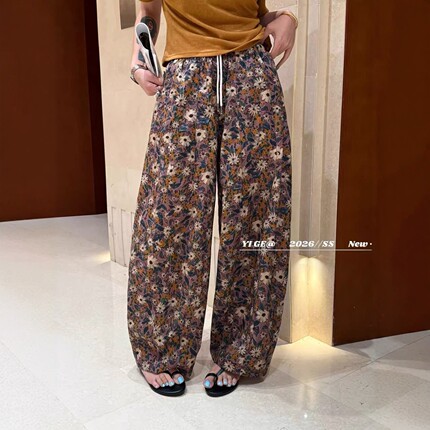 欧洲站2026夏季新款直筒裤女设计感抽绳系带复古印花百搭休闲裤潮