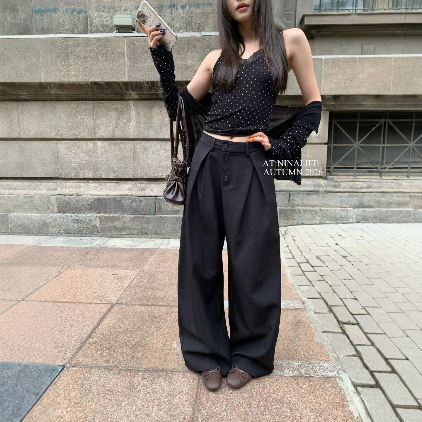 设计感高腰抽褶百搭休闲阔腿裤