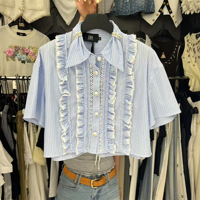 甜美气质木耳边条纹衬衫上衣