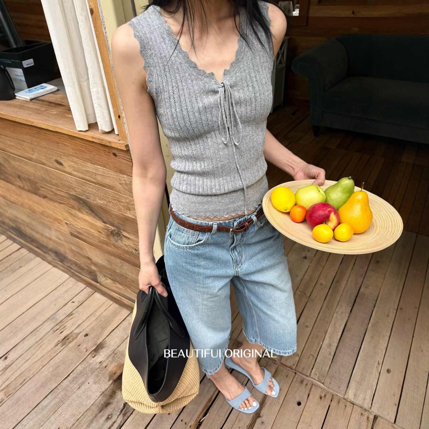 V领系带无袖针织背心女