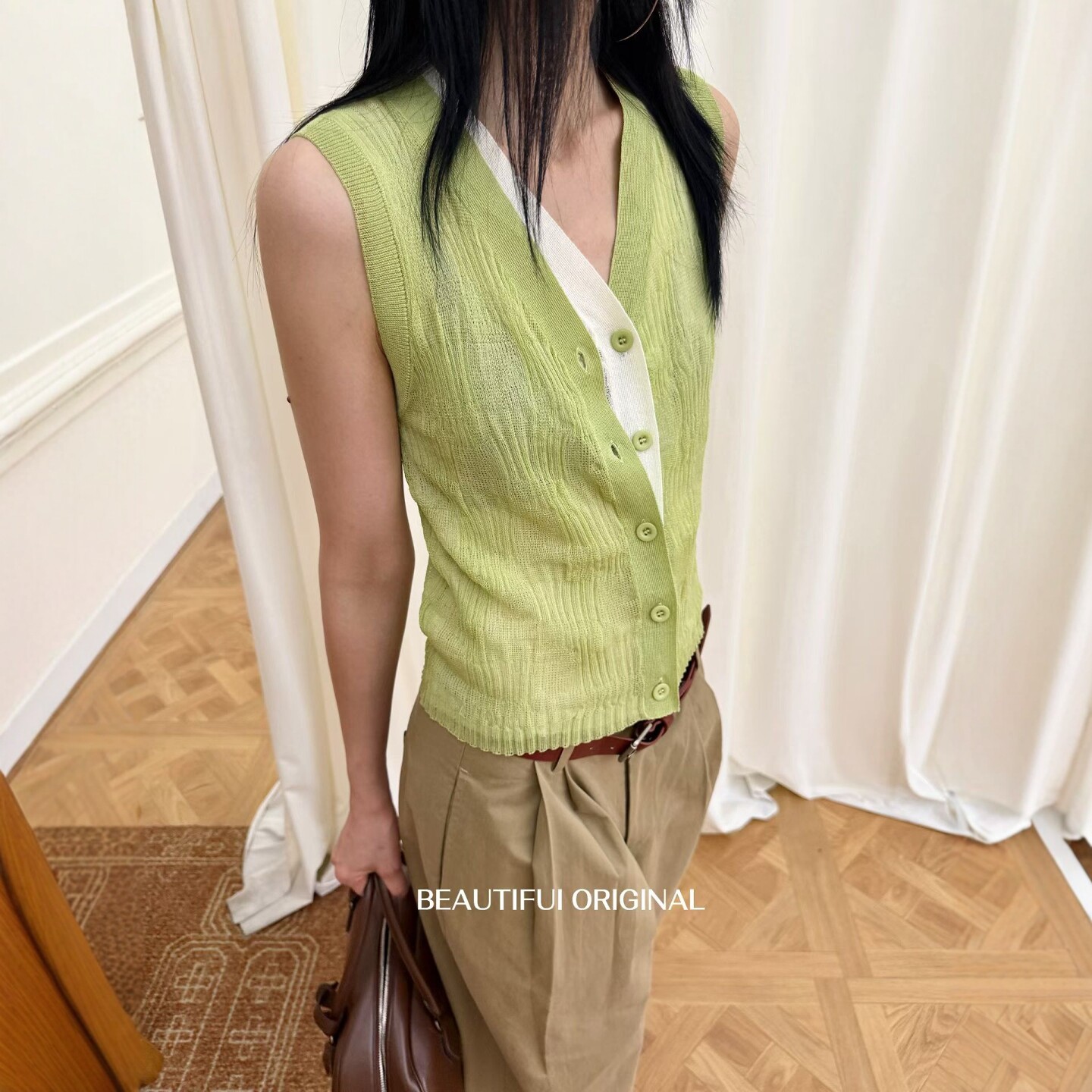针织V领无袖背心女夏小众设计纽扣开衫叠穿背心针织马甲坎肩上衣