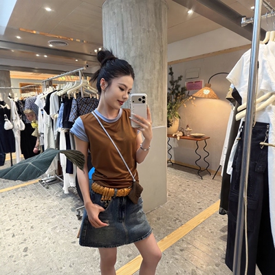 撞色拼接假两件短袖T恤女