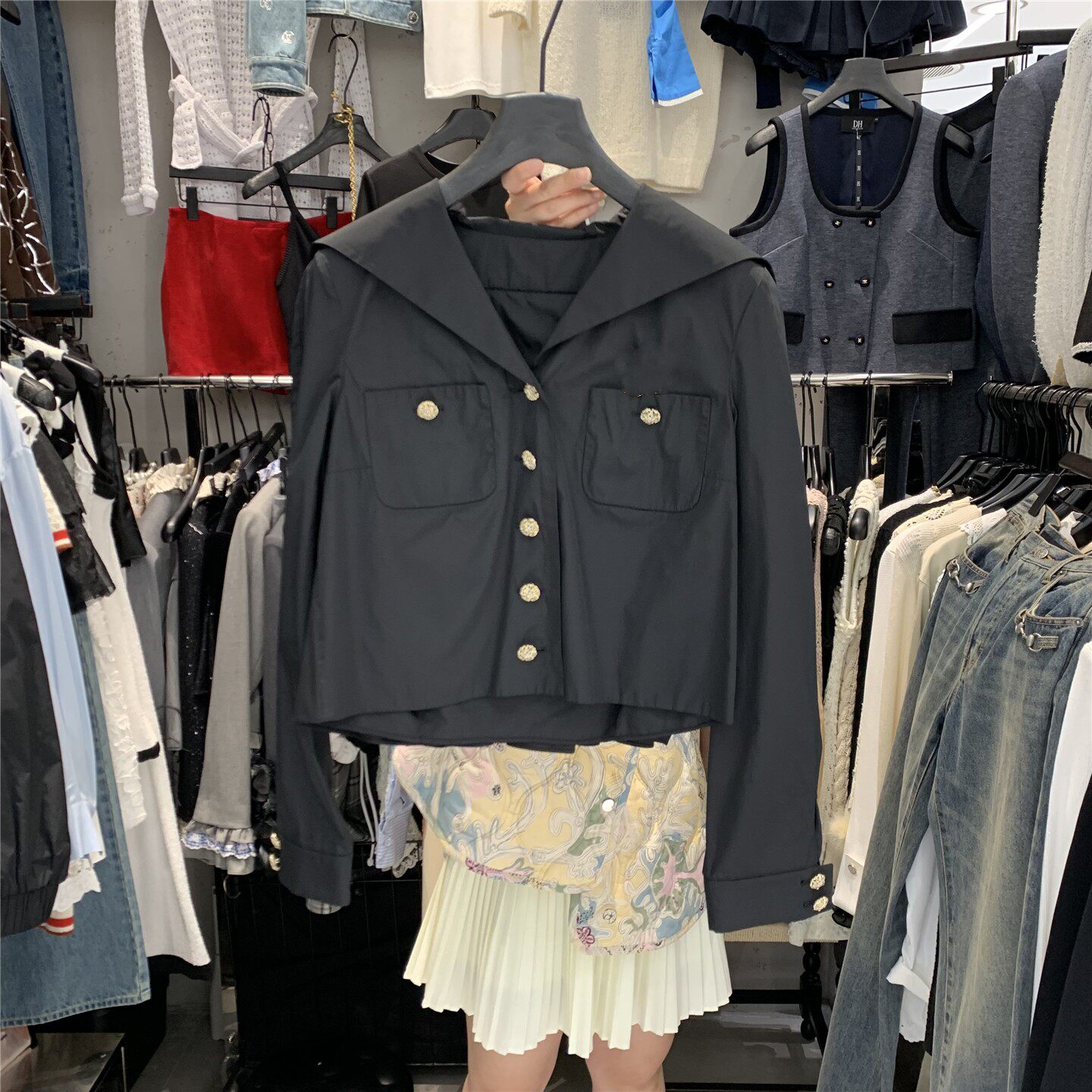 DH2026春季新款韩版甜美气质海军领单排扣百搭减龄长袖衬衫上衣