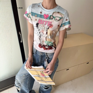 欧货2026春夏新款美式复古人像印花辣妹风修身显瘦短袖T恤上衣女