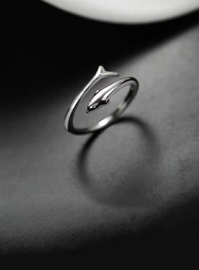 s925纯银海豚戒指女韩版小众简约海洋小鱼光面开口指环送闺蜜礼物