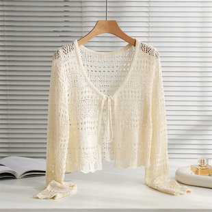 披肩女装 防晒开衫 外搭冰丝上衣 百搭镂空勾花亚麻针织系带长袖 夏季