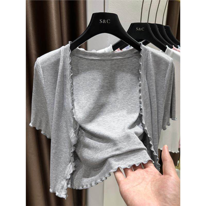 灰色木耳边短袖开衫女夏天小外搭薄款针织防晒披肩罩衫配裙子外套