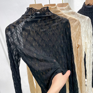 2024秋冬新款半高领蕾丝打底衫女秋冬配皮草内搭洋派纱衣网纱上衣