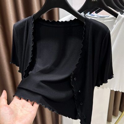 大码莫代尔短袖披肩女装胖mm夏季外搭开衫防晒木耳边坎肩短款罩衫