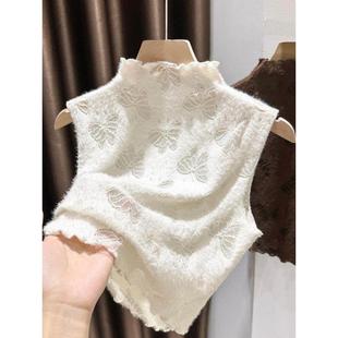 木耳边假领无袖背心内搭短款蝴蝶小衫女半高领叠穿磨毛蕾丝打底衫