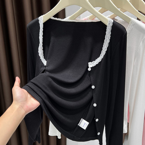 黑色披肩冰丝蕾丝防晒开衫配吊带黑白拼接上衣薄款针织罩衫女夏季