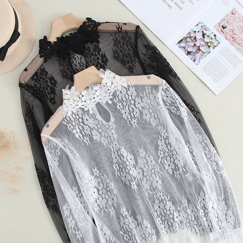 花朵领蕾丝打底衫女长袖镂空内搭性感网纱很仙的上衣百搭超仙洋气,女装/女士精品,蕾丝衫/雪纺衫,淘宝优惠券,粉丝福利购,淘宝优惠卷