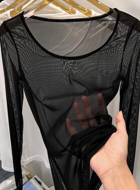 大领口网纱打底衫女长袖透明黑沙性感蕾丝透视薄纱衣白色低领上衣