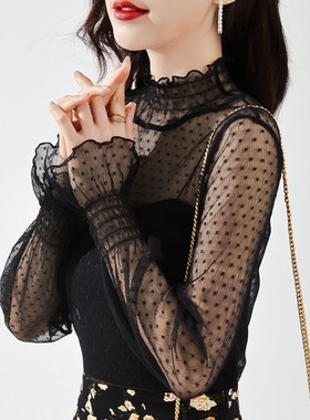 白色蕾丝打底衫女春秋内搭波点网纱上衣薄款透明透视洋气黑色纱衣