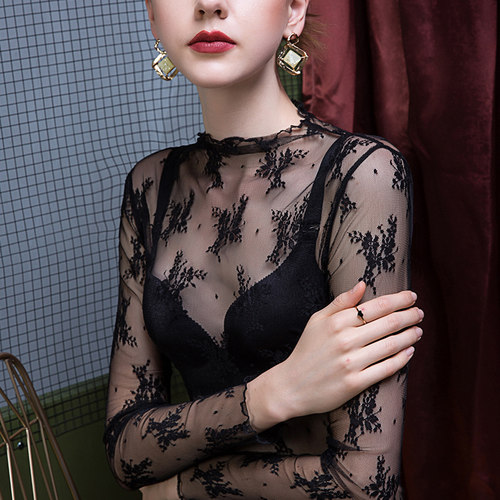 打底衫女蕾丝修身时尚内搭网纱气质性感花边罩衫2025秋季女装T恤
