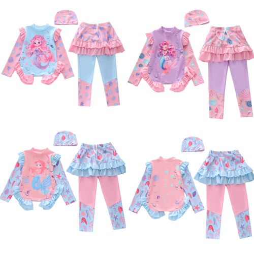 女童分体防晒长袖荷叶边泳衣