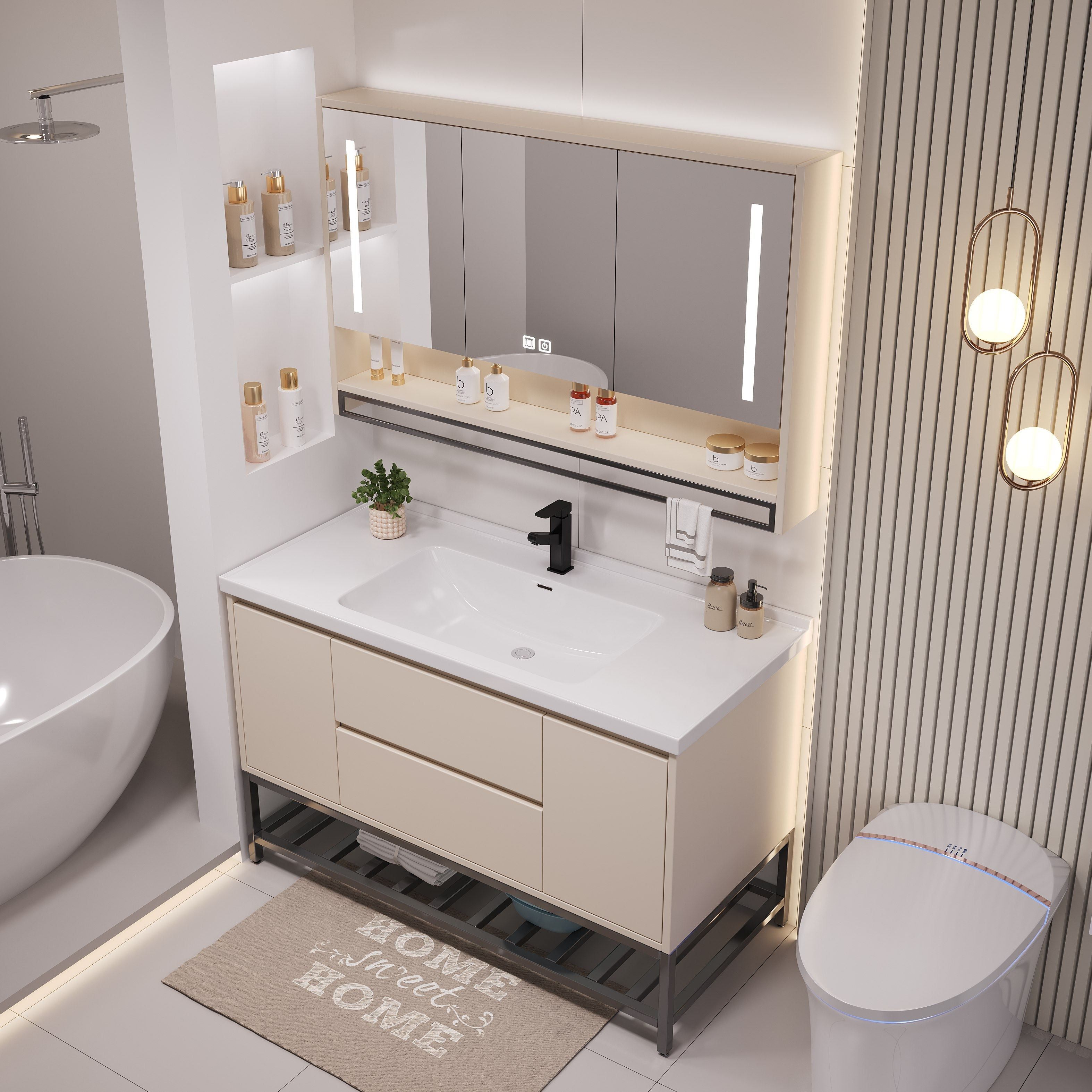 奶油风浴室柜组合卫生间陶瓷一体盆洗漱台洗手盆洗脸盆柜浴柜套装,家装主材,浴室柜组合,淘宝优惠券,粉丝福利购,淘宝优惠卷