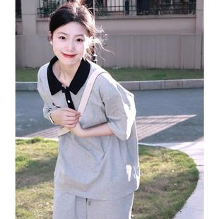 跑步两件套 休闲运动套装 女夏学生polo衫 短袖 减龄宽松港风少女短裤