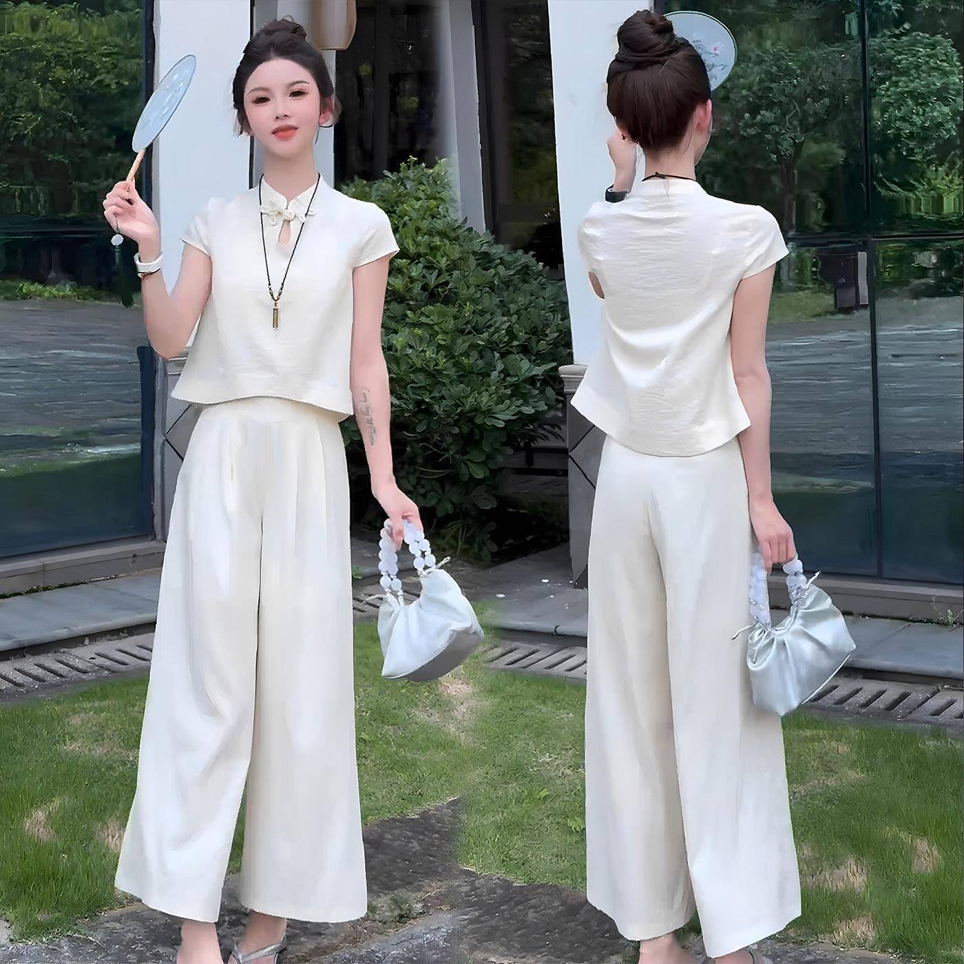 爆款新中式国风套装女2025夏装大方得体穿搭短袖衬衫阔腿裤两件套