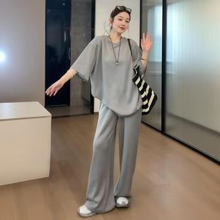 套装 T恤女2025夏季 休闲风简约时尚 短袖 两件套 大码 胖MM上衣休闲裤