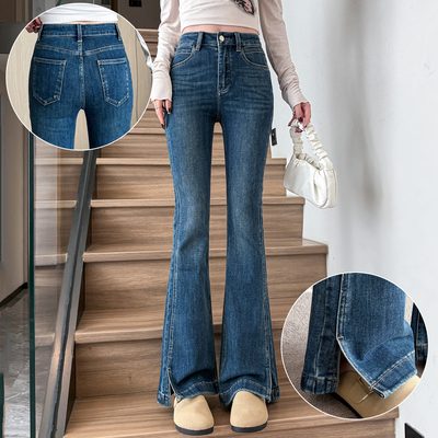 蓝色微喇牛仔裤女弹力开叉马蹄裤