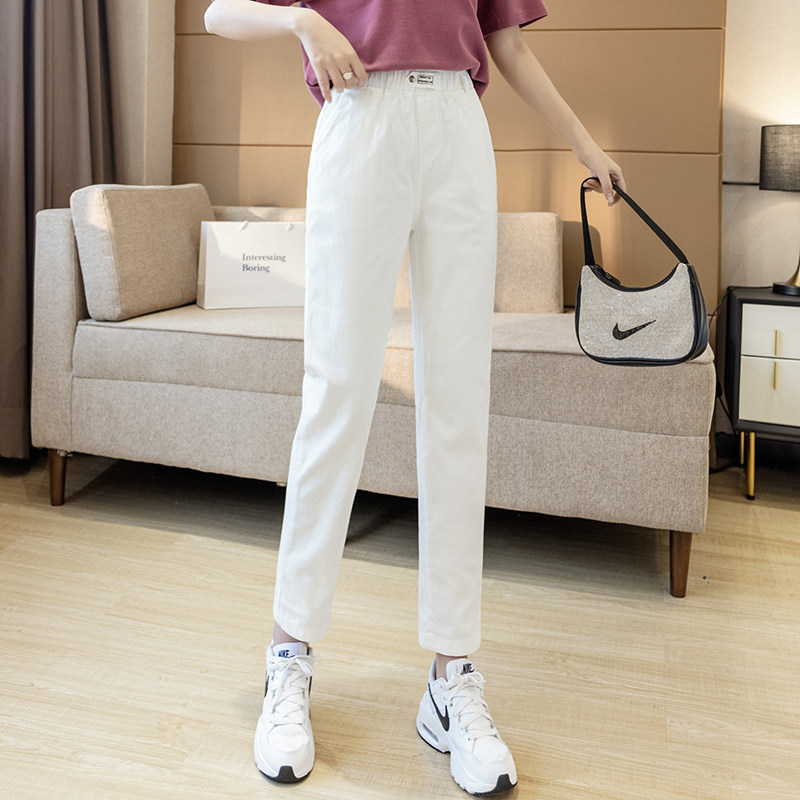 松紧腰休闲裤女2025春夏新款修身显瘦高腰弹力萝卜哈伦牛仔小脚裤