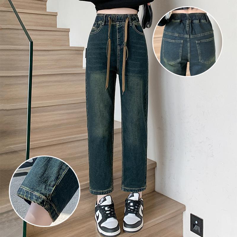 松紧腰抽绳哈伦老爹休闲牛仔裤女