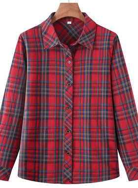 w21春秋装妈妈装格子长袖衬衫纯棉休闲打底衫c07中老年女衬衣外套