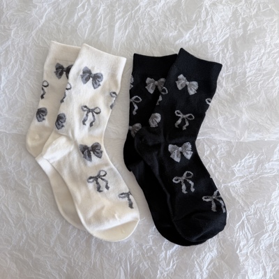 39包邮/韩单贵牌！韩风蝴蝶结印花黑白简约纯棉中筒甜美风袜子