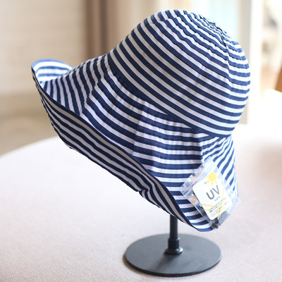 春夏条纹防晒帽子女时尚大头围前长后短新款大檐太阳帽渔夫帽盆帽