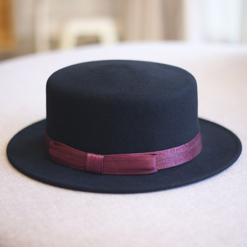 秋冬复古羊毛礼帽英伦平顶平沿真丝麻蝴蝶结毡帽休闲百搭出游逛街