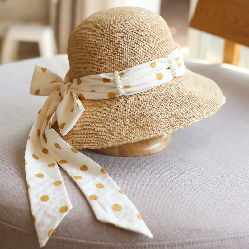 超细手工拉菲草钩针渔夫帽子女夏季防晒草帽小清新波点飘带盆帽