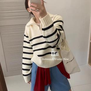 韩系慵懒风软糯羊绒针织衫 蓝黄条纹翻领半拉链套头毛衣女秋冬新款