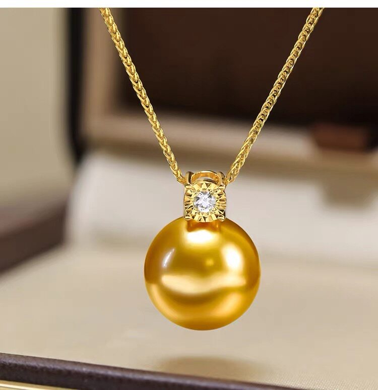吉尔德赤金南洋天然海水香槟金珍珠戴妃款吊坠项链18K金钻极强光