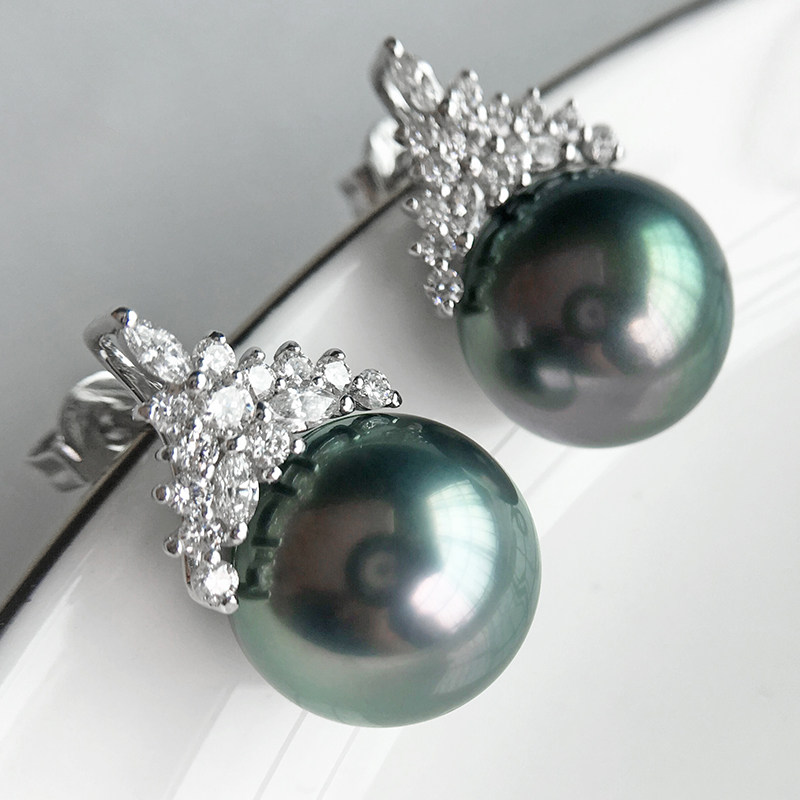 苏爷豪华大溪地黑珍珠耳环耳钉18k金钻石天然海水黑绿正圆强光