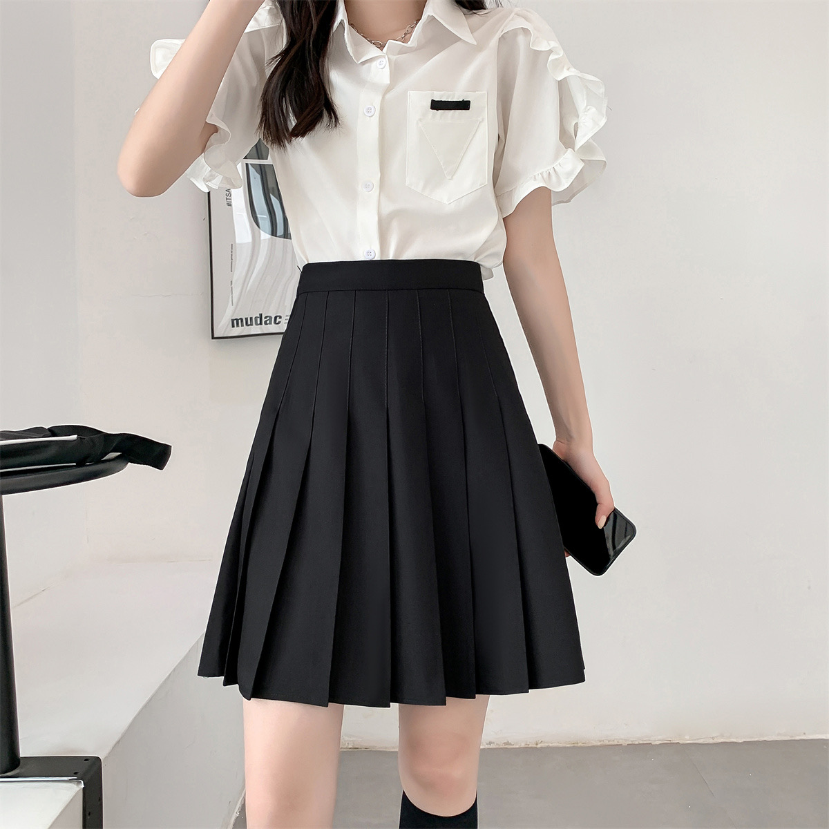 thumbnail for Black elasticated waist suit pleated skirt elongated tall preppy high-waisted slim and versatile A-line skirt