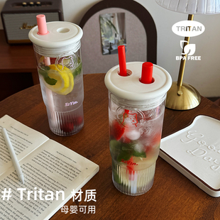 夏日tritan塑料吸管杯女生高颜值便携水杯大容量茶花杯子 日本代购