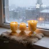 复古石材烛台家居装 饰摆件三支蜡烛台奶油风橘子玉天然大理石烛台