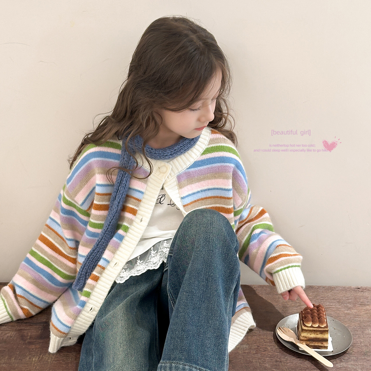 韩国女童洋气彩虹条纹毛衣开衫