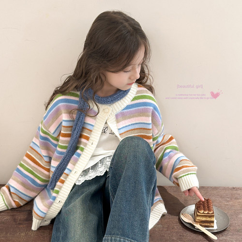 韩国女童洋气彩虹条纹毛衣开衫