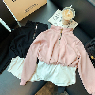 儿童2024秋季新款时尚立领半拉链卫衣女童宽松长袖假两件上衣潮