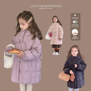 2025冬季女童中长款韩系羽绒服儿童90白鸭绒杜邦三防羽绒服女孩