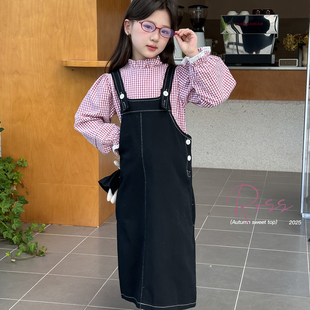 女童套装25秋季新款儿童格子娃娃衫上衣中大童韩版洋气牛仔背带裙