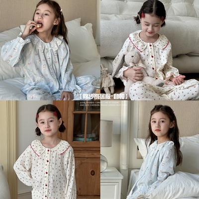 女童棉纱家居服套装2025秋装儿童韩系时髦洋气中大童长袖睡衣套装